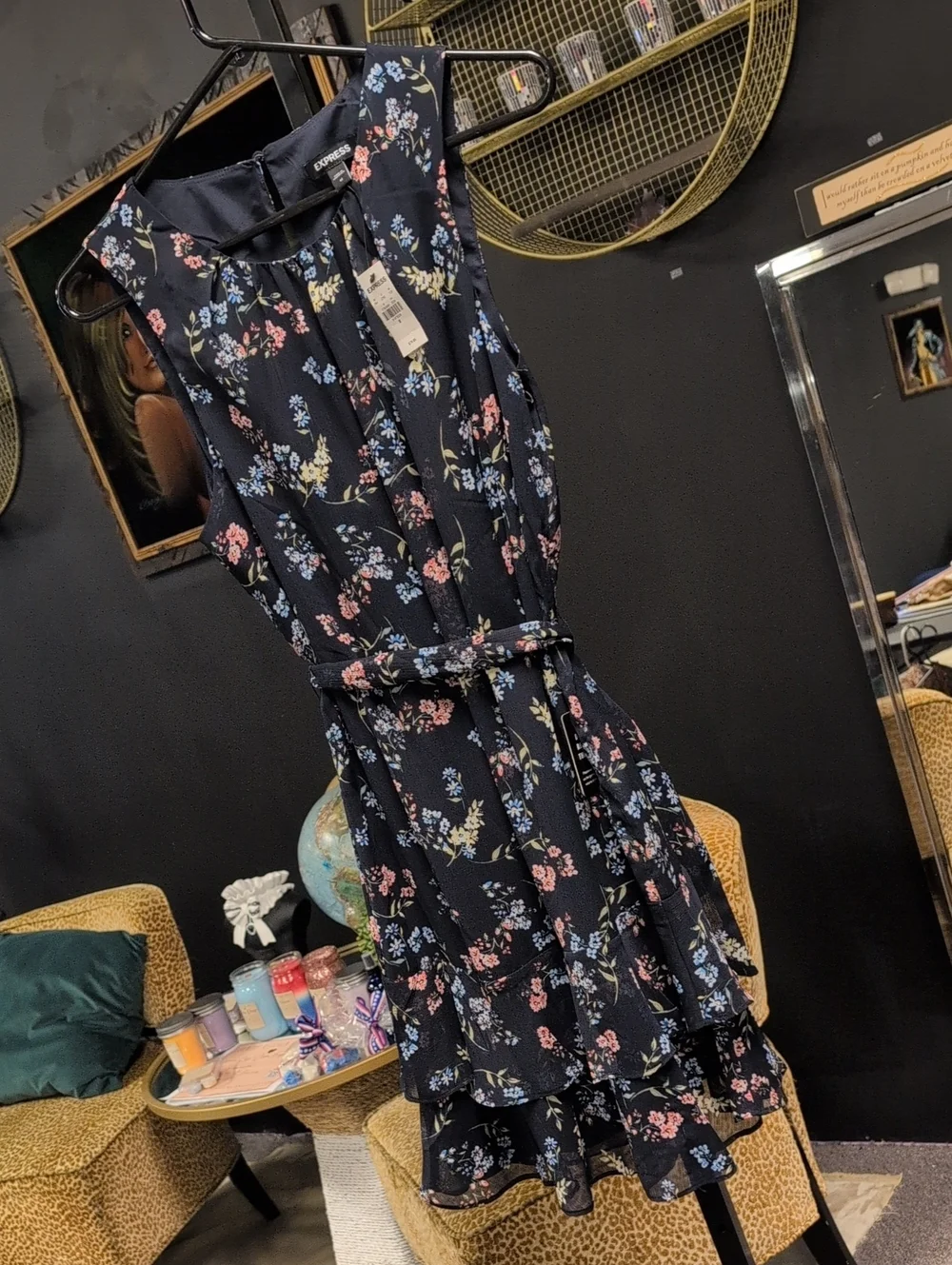 Express Navy Floral Tiered Dress with Delicate Blooms - Picture 1 of 8